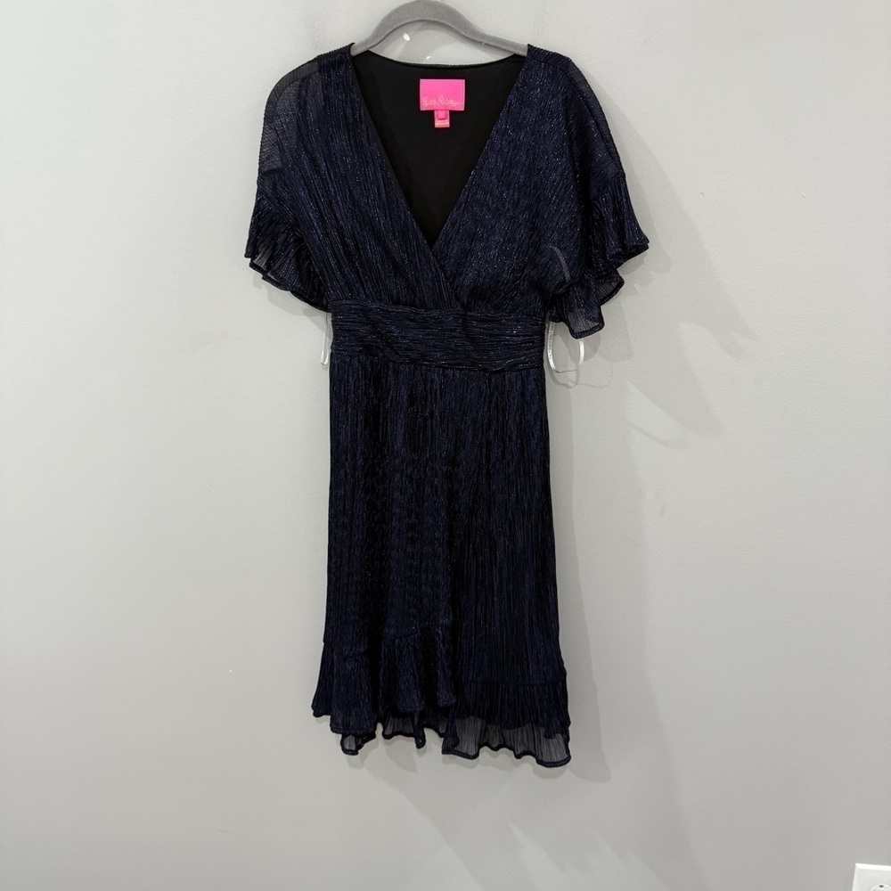 Lilly Pulitzer Dress Sinclare Mini Short Sleeve Low Tide Navy Metallic Crinkle - Picture 4 of 9